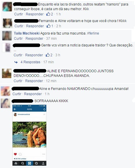 Internautas comentam reconciliação de Fernando e Aline em perfil de Amanda no Facebook (Foto: Reprodução/Facebook)