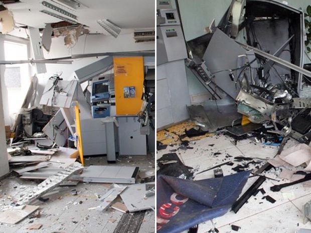Caixas eletrônicos foram explodidos no Bancos do Brasil (à esq.) e Banco Sicoob (à dir.) em Juruaia, MG (Foto: Gerson Dias / Site Muzambinho.com.br)