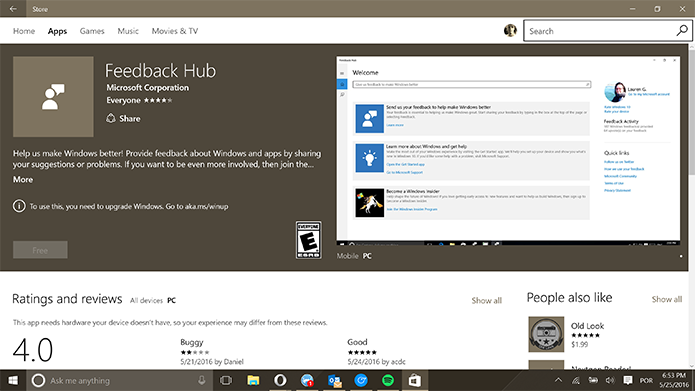 Windows 10 tem aplicativo Feedback Hub para reclamações, mas instalação pode falhar (Foto: Reprodução/Elson de Souza)