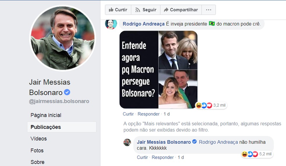 O presidente Jair Bolsonaro respondeu, no sábado (24), a um comentário sobre a primeira-dama da França, Brigitte Macron — Foto: Reprodução/Facebook Jair Bolsonaro