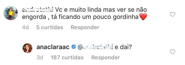 Internauta critica Ana Clara, que rebate (Foto: Reprodução/Instagram) Internauta critica Ana Clara, que rebate (Foto: Reprodução/Instagram)