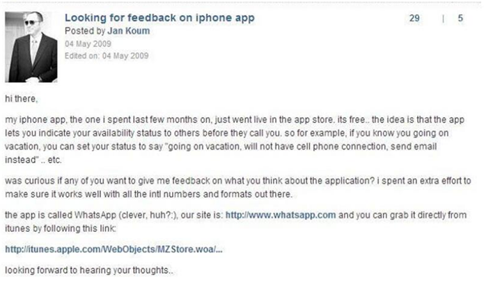 O tweet original de uma das primeiras divulgações do WhatsApp (Foto: Reprodução/ Brilliant Ads)