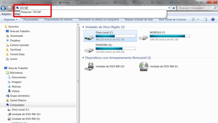 Digite em “DCCW” na barra de endereços do Windows Explorer (Foto: Reprodução/Daniel Ribeiro)