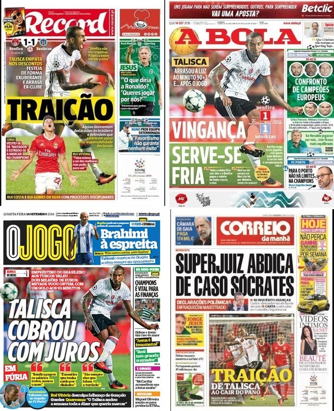 Capas dos jornais de Portugal com o gol decisivo de Anderson Talisca (Foto: Reprodução)