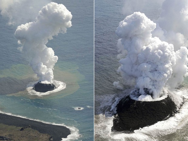 Uma erupção vulcânica formou uma nova ilhota na costa de Nishinoshima, uma pequena ilha desabitada no arquipélago de Ogasawara, ao sul de Tóquio, segundo afirmaram a Guarda Costeira japonesa e especialistas em terremotos ouvidos pela Associated Press. (Foto: AP/Kyodo)