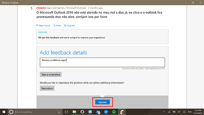 Windows Feedback permite que usuário interaja com reclamações de outras pessoas (Foto: Reprodução/Elson de Souza)