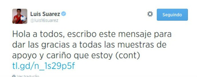 Suárez agradece ao apoio no twitter (Foto: Reprodução / Twitter)