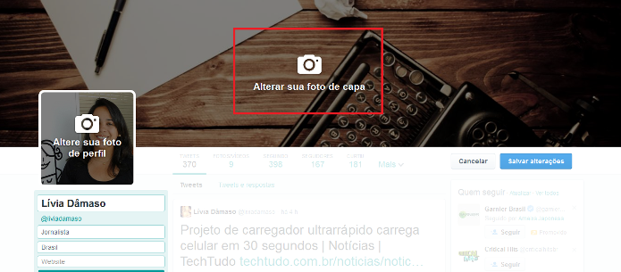 Inserindo foto de capa no novo perfil do Twitter (Foto: Reprodução/Lívia Dâmaso)
