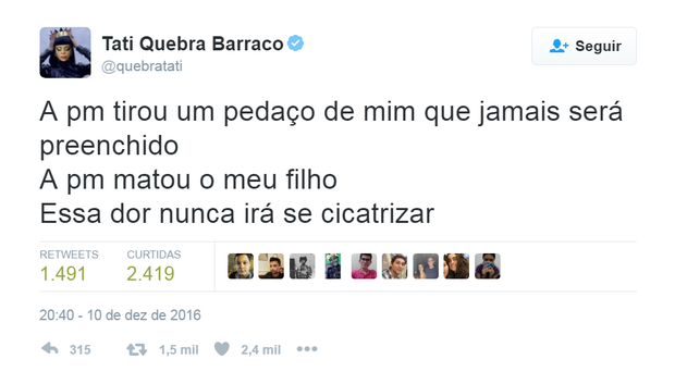 Tati Quebra Barraco em seu perfil no Twitter (Foto: Reprodução)