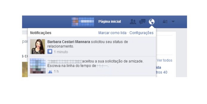 Solicitação de status de relacionamento no Facebook (Foto: Reprodução/Barbara Mannara) Solicitação de status de relacionamento no Facebook (Foto: Reprodução/Barbara Mannara)