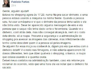 Fabíolo utilizou o Facebook para procura dona do dinheiro (Foto: Facebook/Reprodução)