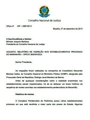 Capa do relatório enviado ao CNJ nesta sexta-feira (27)  (Foto: Divulgação)