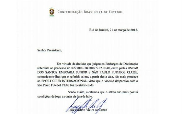 Documento Oscar São Paulo Inter (Foto: reprodução / site do São Paulo FC)