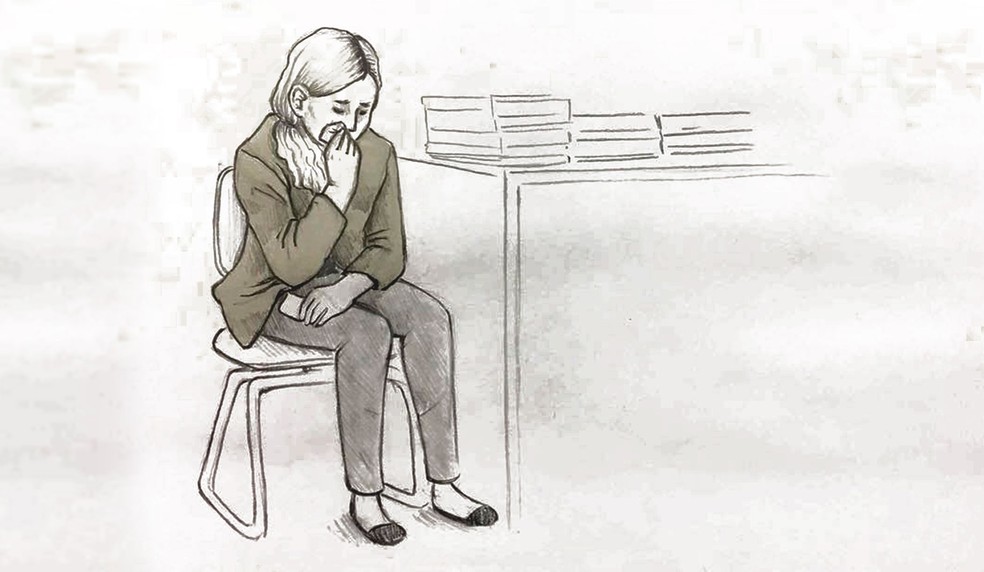 Ilustração mostra que Elize Matsunaga chorou muito durante os depoimentos nesta terça-feira (Foto: Roberta Jaworski/Editoria de Arte/G1)