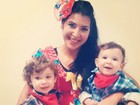 Priscila Pires posa com os filhos vestidos de caipira