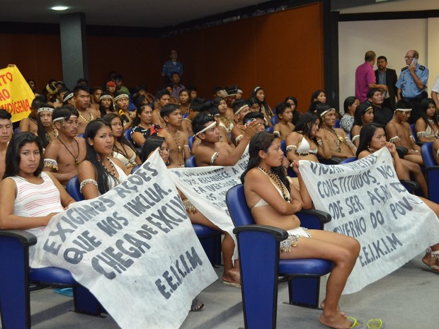 Alunos e professores indígenas fizeram manifestação na Assembleia de Roraima (Foto: Inaê Brandão/G1 RR)