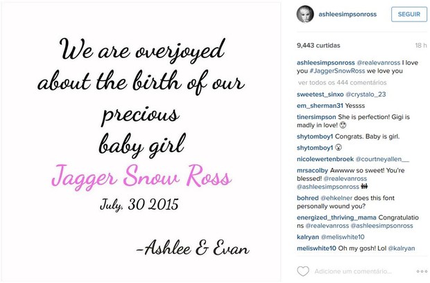 Ashlee usa rede social para divulgar nome de seu filho com o ator Evan Ross (Foto: Reprodução/Instagram)