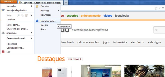 Encontrando o painel de complementos no Firefox (Foto: Reprodução/Vinícius Sacramento)