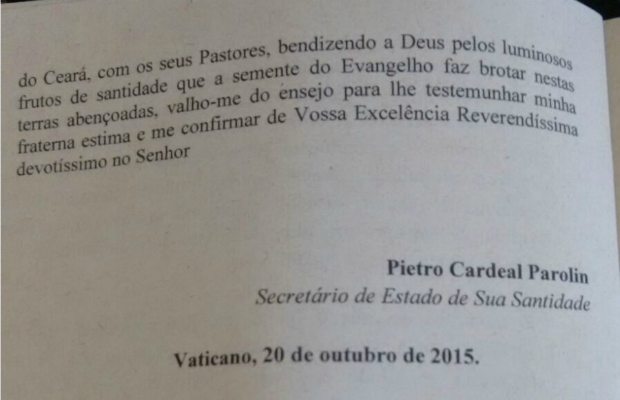 Carta do Vaticano à diocese do Crato (Foto: Reprodução)