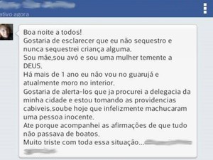 Mulher enviou mensagem ao perfil que publicou boatos (Foto: Foto: Reprodução / Facebook)