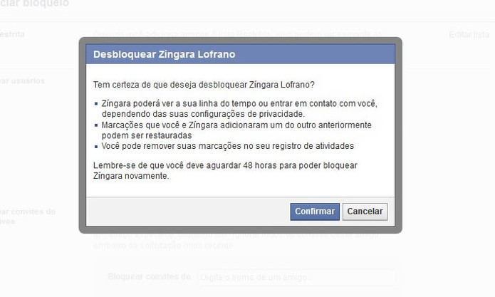 Confirme o desbloqueio do contato no Facebook (Foto: Reprodução/Barbara Mannara) Confirme o desbloqueio do contato no Facebook (Foto: Reprodução/Barbara Mannara)