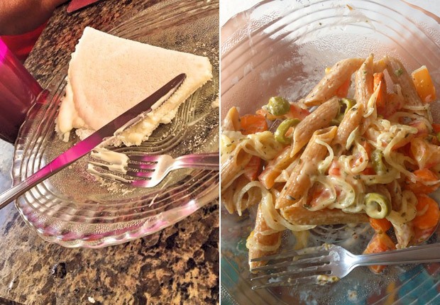 Hallini aprendeu novas receitas desde que mudou hábitos alimentares; na foto, tapioca e macarrão com legumes (Foto: Hallini Rotondo/Arquivo pessoal) Hallini aprendeu novas receitas desde que mudou hábitos alimentares; na foto, tapioca e macarrão com legumes (Foto: Hallini Rotondo/Arquivo pessoal)