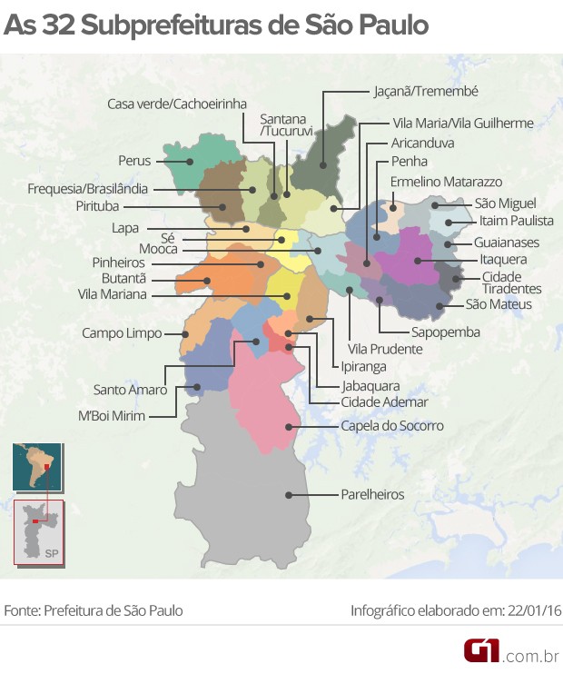 Mapa das 32 subprefeituras de São Paulo (Foto: Arte/G1) Mapa das 32 subprefeituras de São Paulo (Foto: Arte/G1)