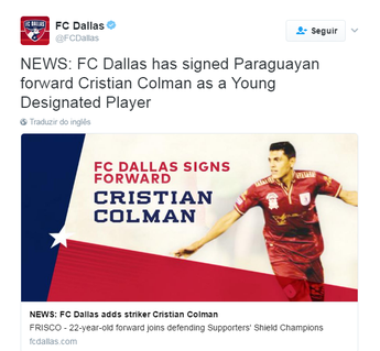 FC Dallas anuncia Colmán (Foto: Reprodução Twitter)