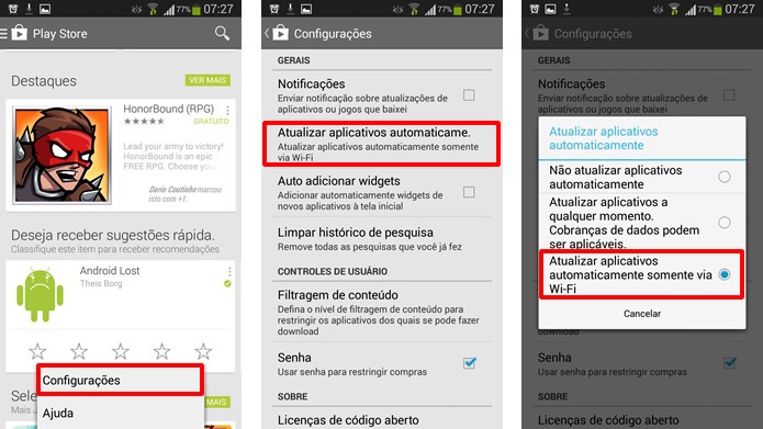 Acesse as configurações do app Play Store e selecione as opções em destaque para alterar seu sistema de atualização (Foto: Reprodução/Daniel Ribeiro)