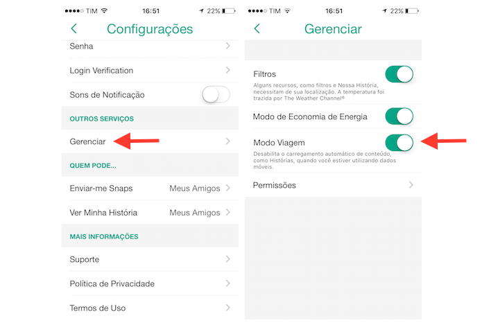 Ativando o modo viagem no Snapchat (Foto: Reprodução/Marvin Costa)