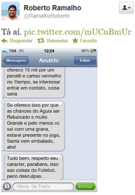 Roberto Ramalho postou as supostas mensagens recebidas no celular de Analdo (Foto: Reprodução / Twitter)