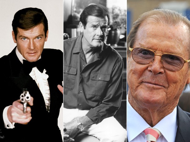 Roger Moore: como 007 nos anos 70, no filme 'Bed and breakfast' (1991) e durante evento na Alemanha em 2012 (Foto: Divulgação/MGM/Patrick Seeger/AFP)