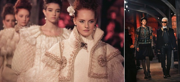 DETALHES ARTESANAIS À esquerda, homenagem a Elizabeth I em roupas com ar de figurinos. À direita, a modelo escocesa Stella Tennant e o estilista Karl Lagerfeld no desfile em Edimburgo. A Chanel apresentou o melhor de seus ateliês (Foto: divulgação)