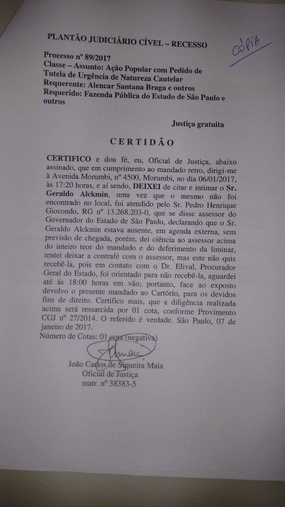 Certidão do oficial de justiça João Carlos de Siqueira Maia (Foto: Arquivo Pessoal)
