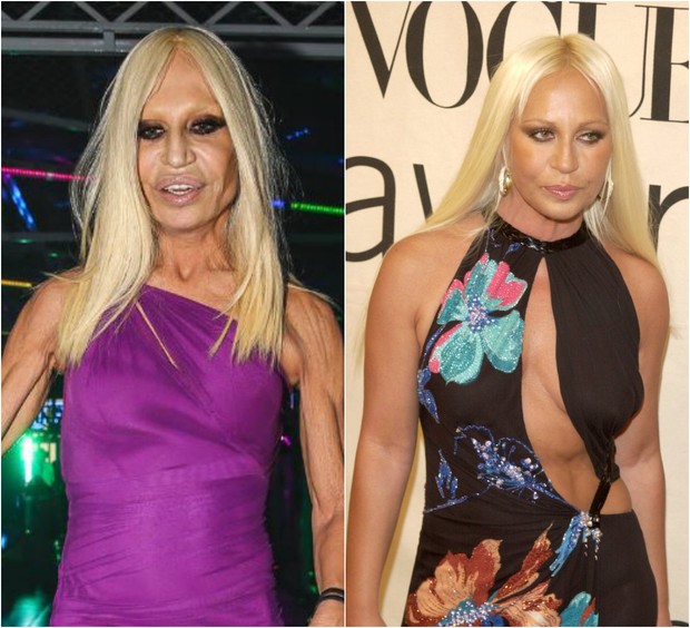 Dois momentos de Donatella Versace: estilista na SPFW em 2014; e durante coquetel na Itália em 2000 (Foto: Manuela Scarpa/Photo Rio News e Getty Images)