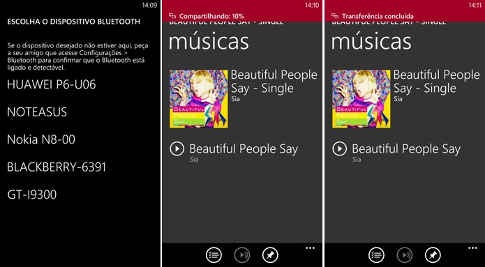 Windows Phone começa a enviar música por Bluetooth após sincronização com outro dispositivo (Foto: Reprodução/Elson de Souza