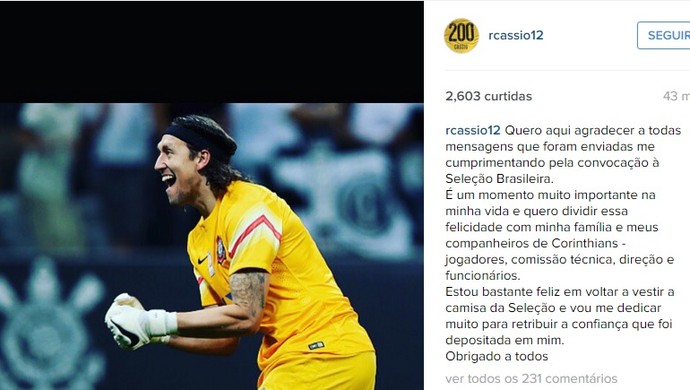 Em rede social, Cassio agradece mensagens de apoio após convocação