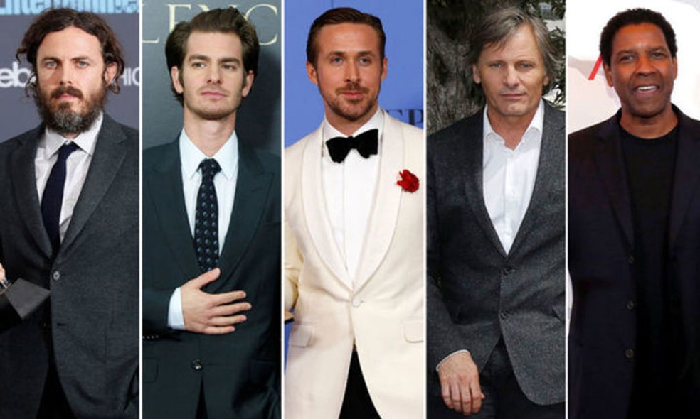 Indicados ao Oscar de melhor ator em 2017; a partir da esquerda: Casey Affleck ('Manchester à beira-mar'), Andrew Garfield ('Até o último homem'), Ryan Gosling ('La la land'), Viggo Mortensen ('Capitão Fantástico') e Denzel Washington ('Cercas') (Foto: Reuters)