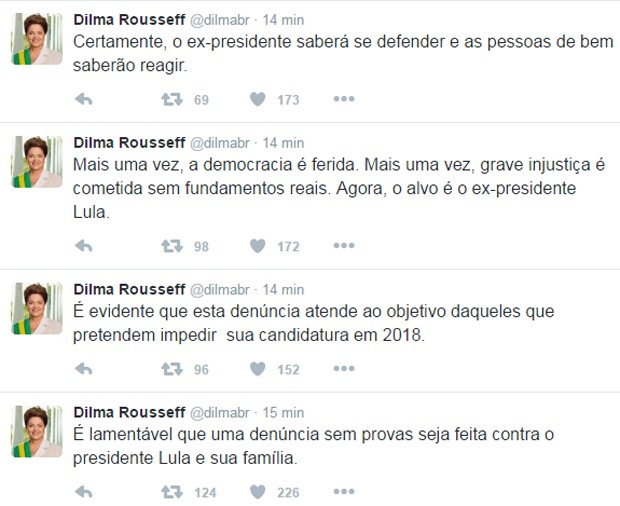 A ex-presidente Dilma Rousseff comentou denúncia contra Lula no Twitter (Foto: Reprodução/Twitter)