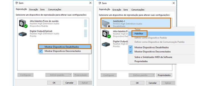 Veja se o dispositivo está como desabilitado nas configurações de som no PC (Foto: Reprodução/Barbara Mannara)