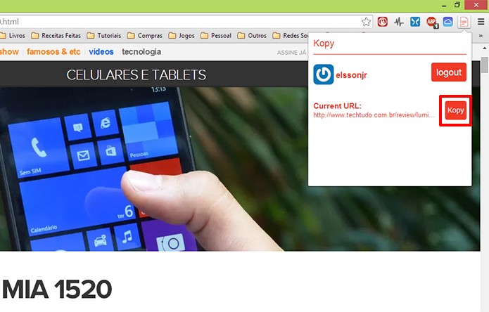 Clique sobre botão Kopy para que o link da sua página seja enviado para o Windows Phone (Foto: Reprodução/Elson de Souza)