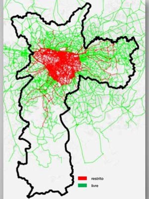 Mapa da CET mostra concentração de ruas em vermelho no Centro Expandido, e novas vias na periferia, também em vermelho, nas quais o rodízio pode ser implantado. (Foto: Reprodução/Divulgação/CET)