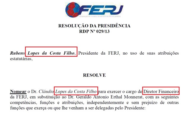 Documento FERJ parente Rubens Lopes diretor financeiro (Foto: Divulgação)