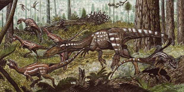 Na ilustração é possível ver o Tachiraptor caçando exemplares de Laquintasaura (Foto: Divulgação/Maurílio Oliveira/Max Langer)