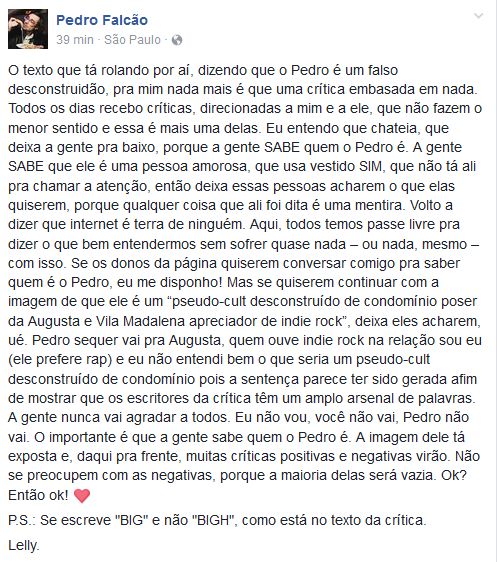 Namorada de Pedro Falcão faz post e rebate críticas (Foto: Reprodução /Facebook)