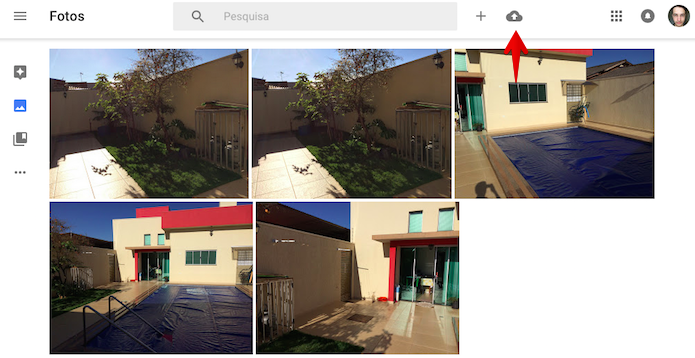Acesse o Google Photos e clique sobre o botão para subir imagens (Foto: Reprodução/Helito Bijora)