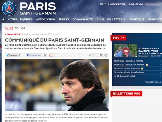 Leonardo pede demissão do PSG (Foto: Reprodução / Site Oficial do Paris Saint Germain)