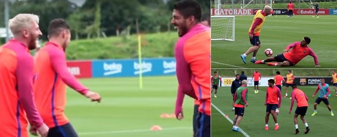 Montagem de Messi e Suárez no treino do Barcelona