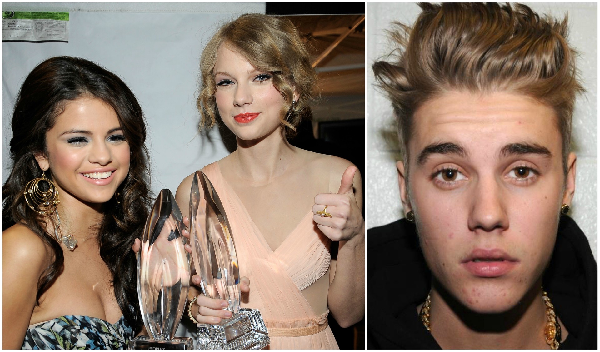 Selena Gomez (á esq.) com Taylor Swift, e Justin Bieber. (Foto: Getty Images)