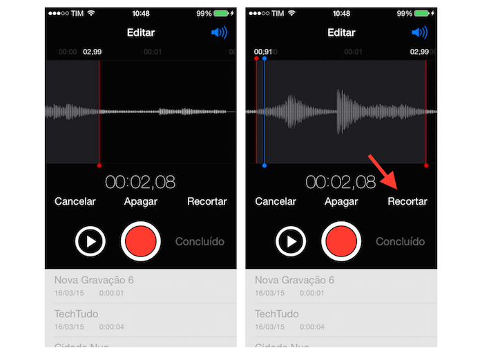 Recortando trechos indesejados de uma gravação no iOS (Foto: Reprodução/Marvin Costa) (Foto: Recortando trechos indesejados de uma gravação no iOS (Foto: Reprodução/Marvin Costa)) Recortando trechos indesejados de uma gravação no iOS (Foto: Reprodução/Marvin Costa) (Foto: Recortando trechos indesejados de uma gravação no iOS (Foto: Reprodução/Marvin Costa))